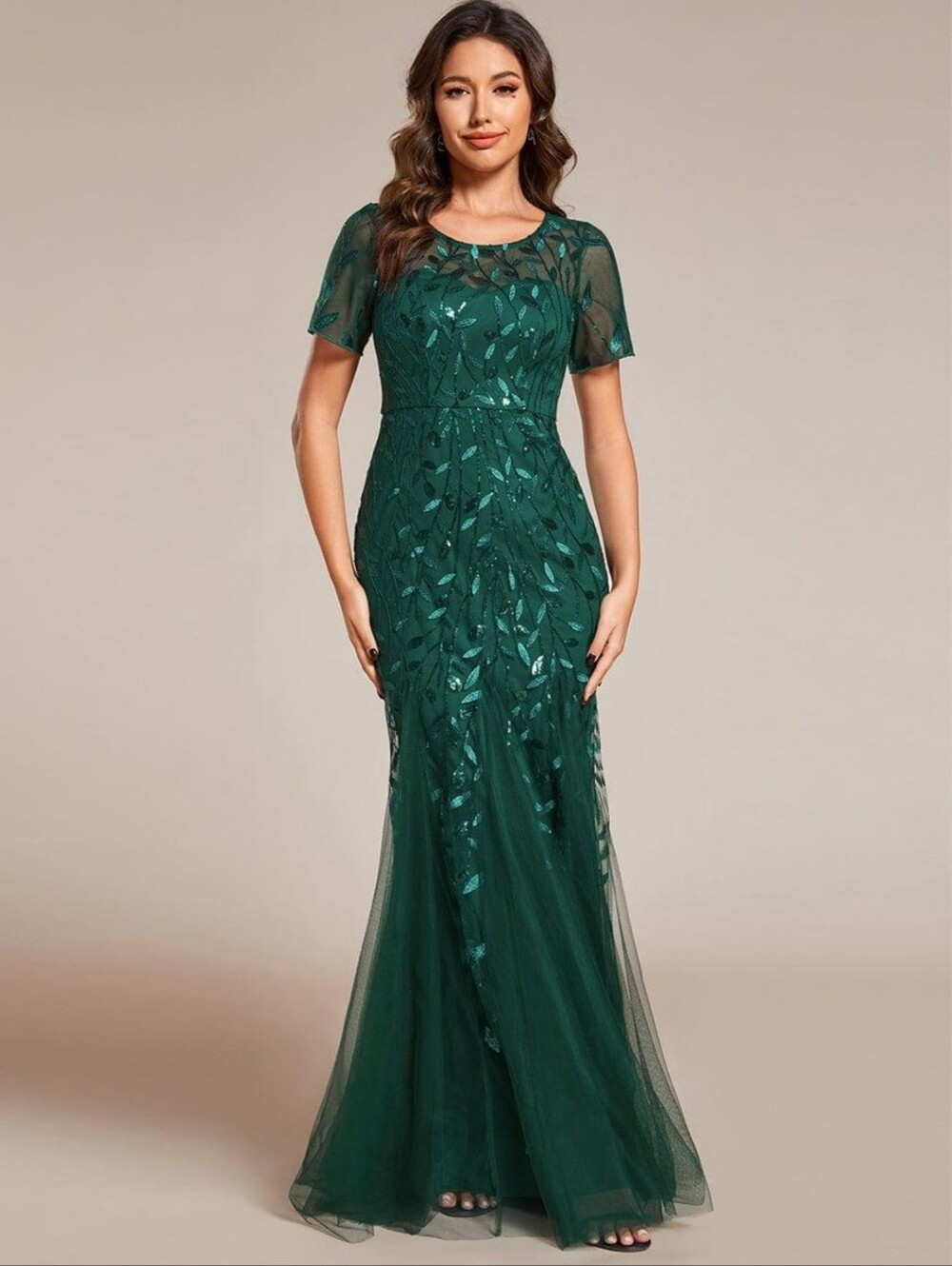 Elegant Emerald Green Leaf Sequin Tulle Evening Dress